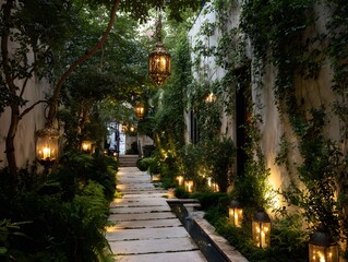 Illuminated Garden Pathway with Greenery and Lanterns