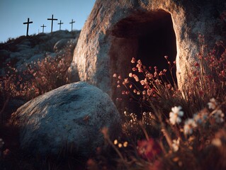 Rocky Tomb Empty with Wooden Crosses on Hilltop at Sunrise
