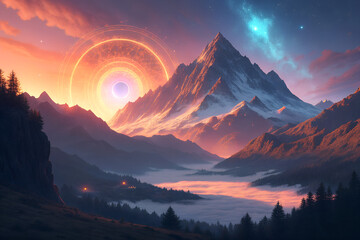 Cosmic Gateway Emerging Over Majestic Mountain Valley at Dusk