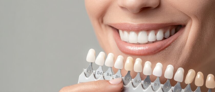 The dental shade guide held next to a woman's bright white smile for matching