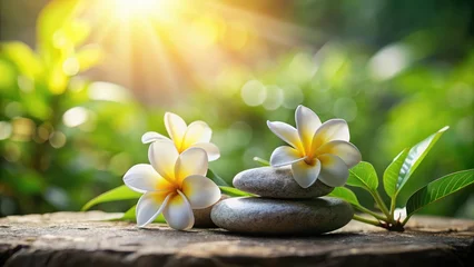 Papier peint photo autocollant Zen Tranquil Zen stone with frangipani flowers in a serene garden setting amidst lush greenery and soft sunlight filtering through the leaves  © Thirasak