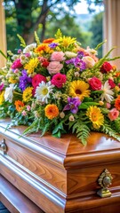 Obraz premium Elegant casket surrounded by vibrant flower bouquets in a serene funeral setting