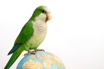 Green parrot perched on globe with white background for travel concept