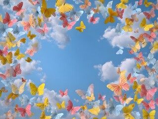 Colorful Butterflies Flying on Blue Sky Background with Clouds