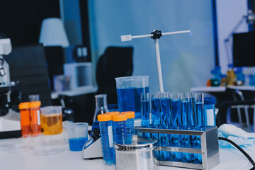 Collaboration, tablet or science with people in lab together for research or development. Innovation, tech and microscope with scientist team in clinical trial for planning or medical investigation