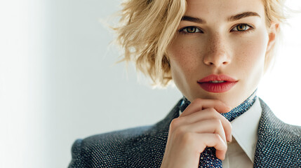 Close-up of a woman with short blonde hair and freckles adjusting her tie.