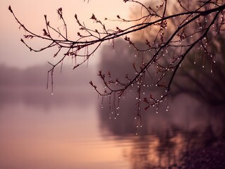 Bare Tree Branch with Water Droplets Over Misty Lake in Soft Light