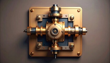 Fototapeta premium Complex Brass Mechanism with Intricate Gears and Rivets on Mounting Plate