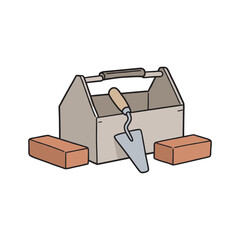 Toolbox with trowel and bricks for construction and masonry projects – stock vector flat illustration