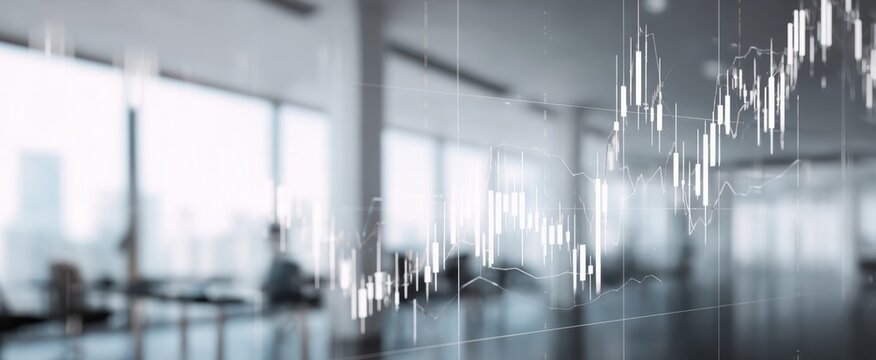 The financial chart overlayed over a modern glass office with blurred skyline