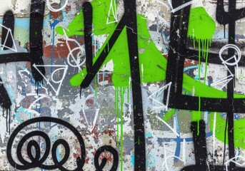 Distressed concrete wall with vibrant green graffiti