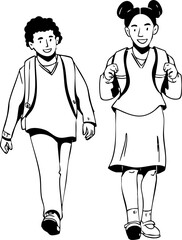 Schoolchildren are going to school. Vector illustration. Black and white illustration.