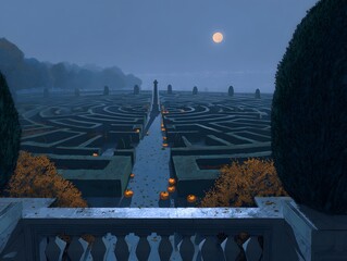 Blue Labyrinth Garden with Orange Pumpkins Under Full Moon at Night