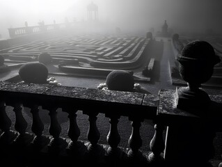 Mysterious Stone Labyrinth Garden in Dense Fog, Black and White Landscape