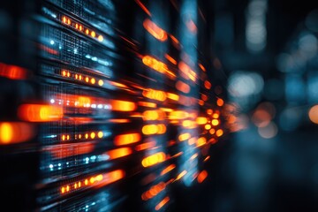 Close-up of glowing orange and blue light trails inside a futuristic server room, symbolizing fast digital communication, data processing, and high speed technology