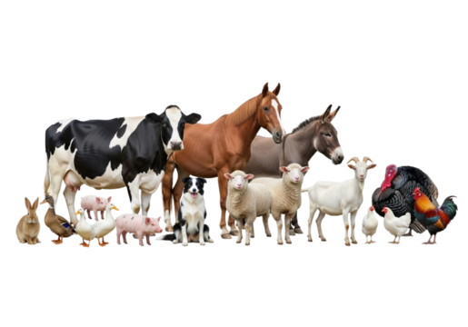 A collection of farm animals standing together on a white background