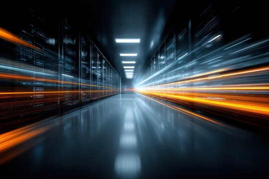 Futuristic data center hallway with glowing orange and blue light trails representing high speed digital communication, technology, and fast network connections