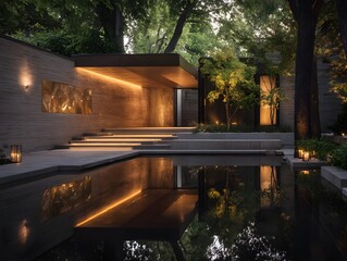 Modern House Exterior with Illuminated Entrance and Reflecting Pool at Tranquil Evening