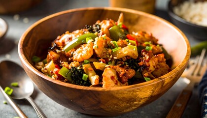 Savory stir-fry in wooden bowl