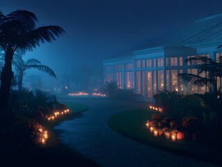 Enchanting Glass Conservatory and Foggy Garden Path Illuminated at Night with Glowing Candle Lights