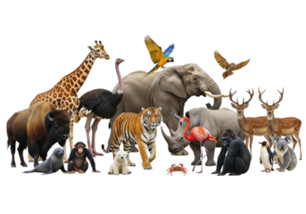 A diverse group of animals isolated on white, a collection of wildlife creatures