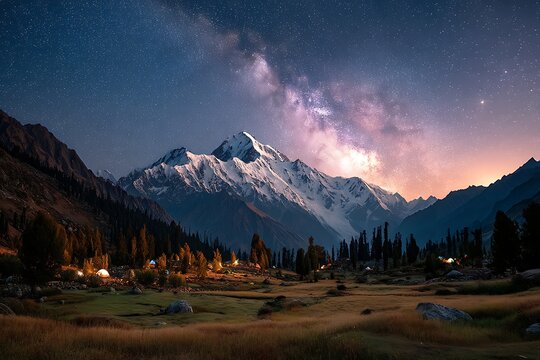Fairy Meadows Under A Star-Filled Night Sky, With The Milky Way Arching Above Snow-Covered Nanga Parbat. The Meadow Below Glows Softly In Moonlight, Creating An Otherworl