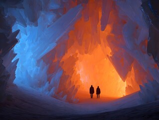 Mysterious Figures Exploring Glowing Crystalline Cave with Contrasting Blue Orange Light