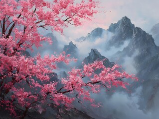 Pink Cherry Blossoms Adorn Misty Mountains in a Serene Artistic Landscape