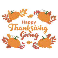 Happy thanksgiving design with pumpkins and autumn leaves – stock vector flat illustration