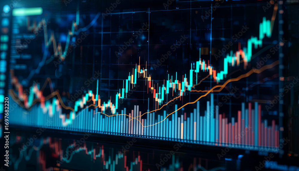 Poster complex stock market data illustrates significant upward trends on a digital display, featuring colo