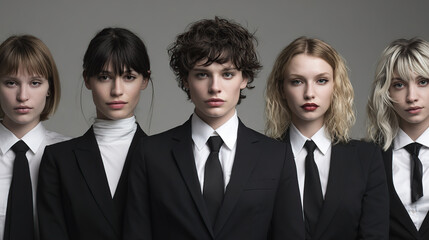 A group of five people in black and white suits.