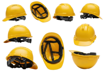 Eight yellow industrial safety helmets, worn matte plastic texture, black interior straps, dynamically arranged on a transparent studio background with bright lighting, concept of essential workplace