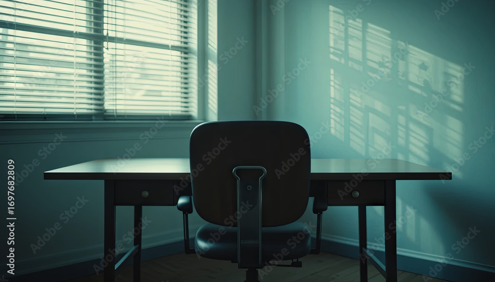 Poster a quiet office environment features a lone chair positioned at a wooden desk. shadow patterns from t