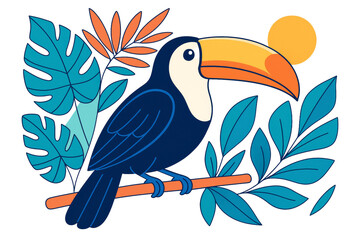 Obraz premium Toucan bird sitting on a branch, flat cartoon style, white background, concept of tropical wildlife and jungle nature. Ai generative