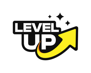 Level up text modern vector logo design with yellow upward arrow isolated on white background. For Growth, Success, Motivation, Upgrade Concept Icon