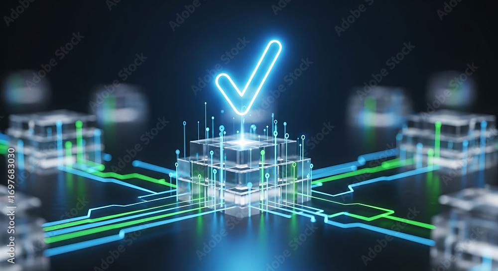 Aufkleber digital check mark sign glowing over a futuristic processor with connections representing system val