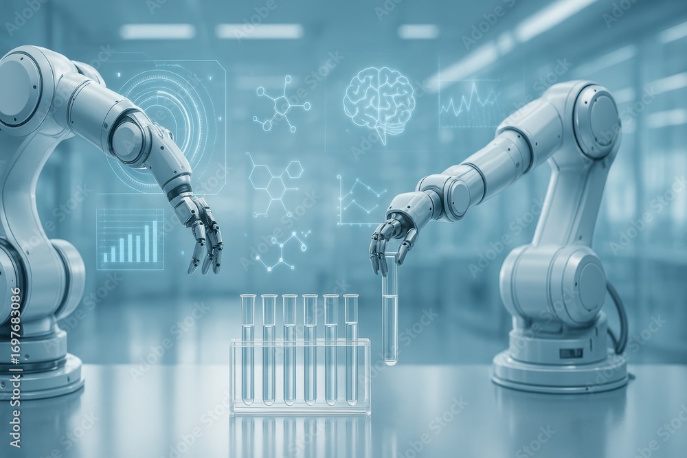 Poster robotic collaboration in lab: two advanced robotic arms collaborate on a scientific experiment in a 