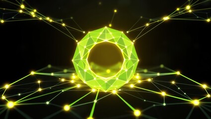 Futuristic glowing green ring with digital network background