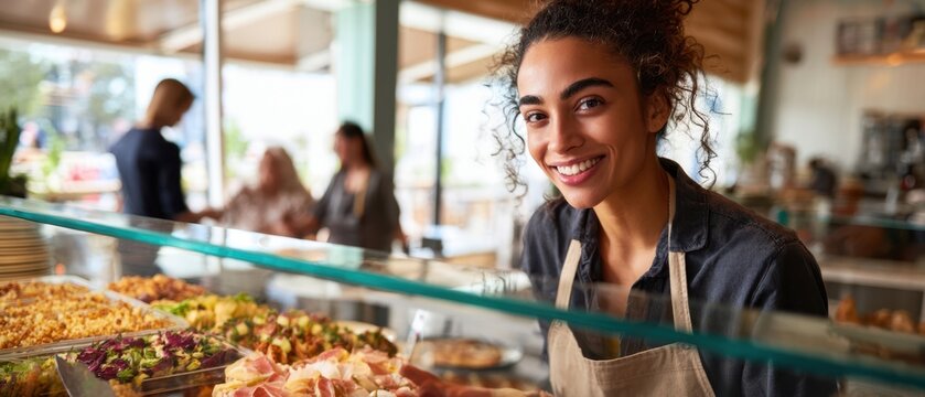 The Smiling Deli Server Behind a Glass Counter of Fresh Prepared Foods - Powered by Adobe