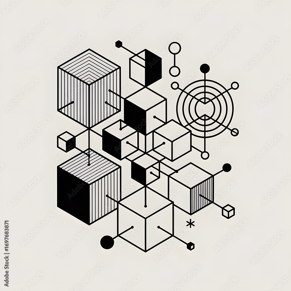 Poster abstract isometric composition with geometric shapes and lines for modern design projects and creati