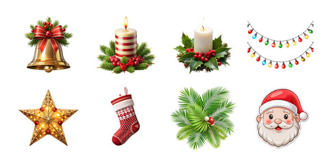Collection of festive christmas decorations including santa claus bell candle star stocking and garland