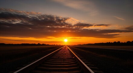 Fototapeta premium Railroad tracks stretching into a vibrant sunset