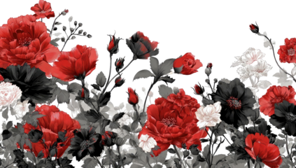 Vibrant red and white flowers, black foliage, detailed blooms