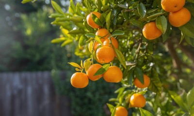 Ripe oranges on a tree branch, sunlight filtering through leaves