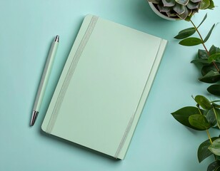 Mint green notebook, pen, plant