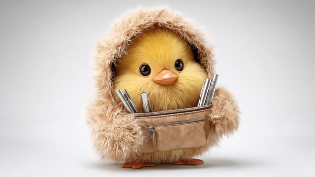 Cute chick character wearing a hood holding tools on white backdrop