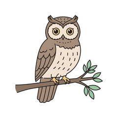 Obraz premium Cartoon owl perched on branch with leaves and white background – stock vector flat illustration