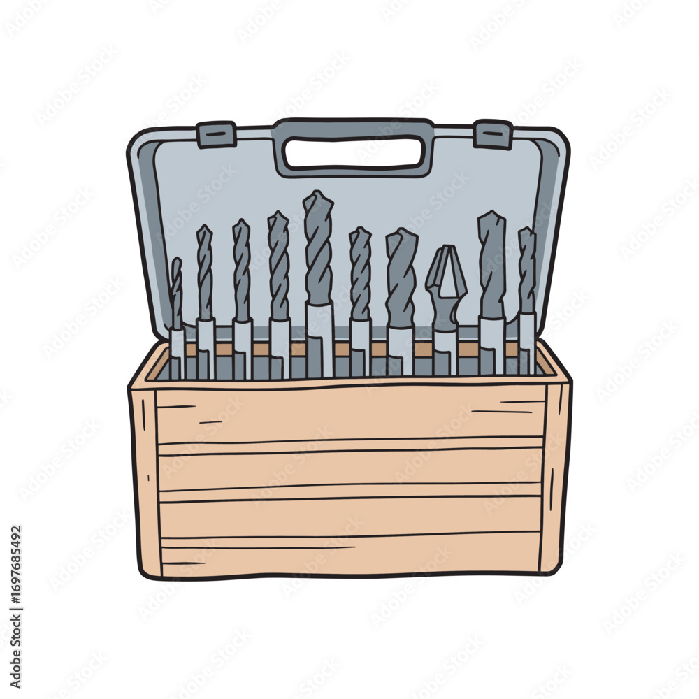 Aufkleber wooden box with various drill bits in open case with lid – stock vector flat illustration