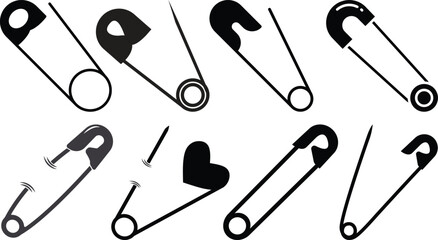 safety pin icon set.Opened and closed pin.Needle and Safety Pin Icon on Black and White Vector Backgrounds.Realistic Metal Safety Pin Vector silhouette editable stroke on transparent background.