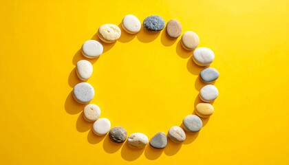 Circle of stones casting shadows on a vibrant yellow background symbolizing balance and tranquility